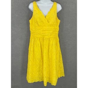 Donna Morgan Dress‎ Sz 14 Yellow Eyelet Lace Babydoll Fit Flare Y2K Vintage